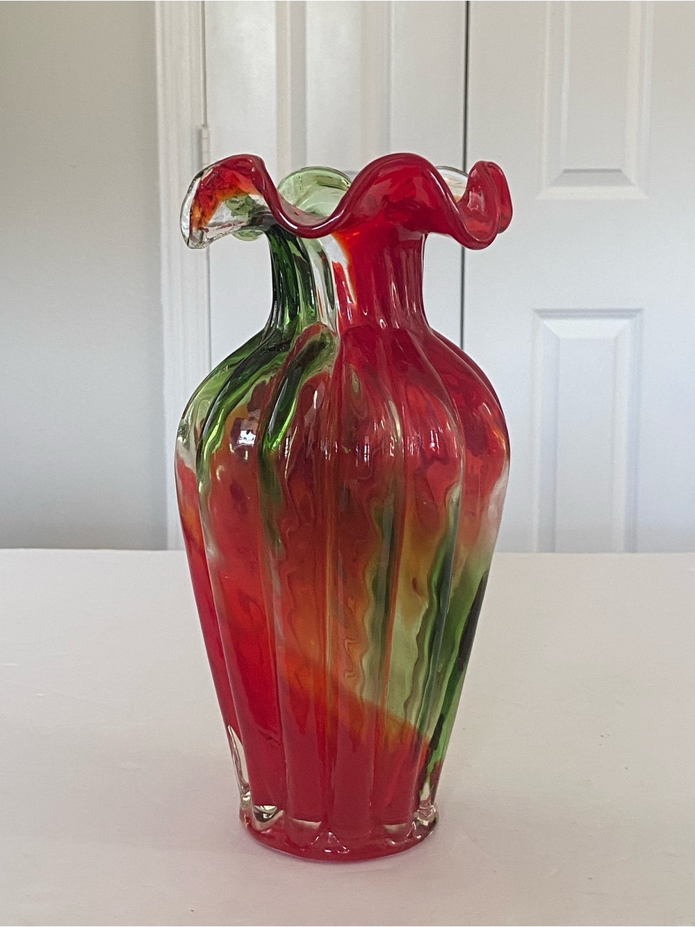 Handblown Fluted Vase Decorative Red and Green Art Glass Ribbed Vase 10”